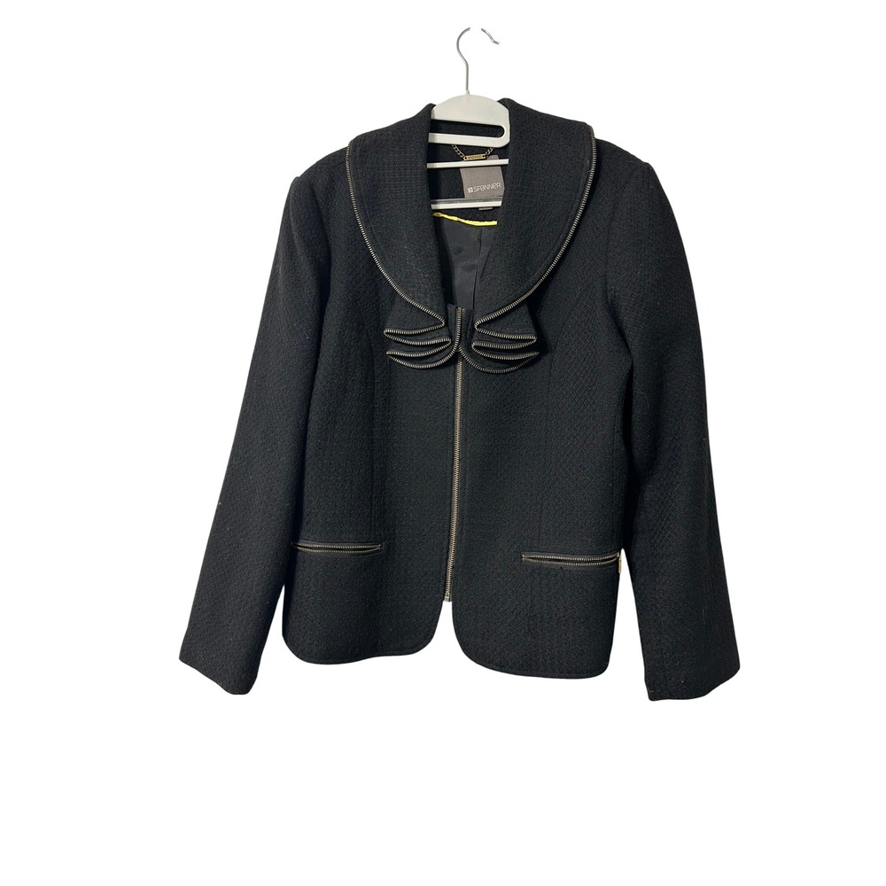 Spanner Blazer Jacket Womens 12 Black Zipper Trim Bow Accent Wool Blend F10665